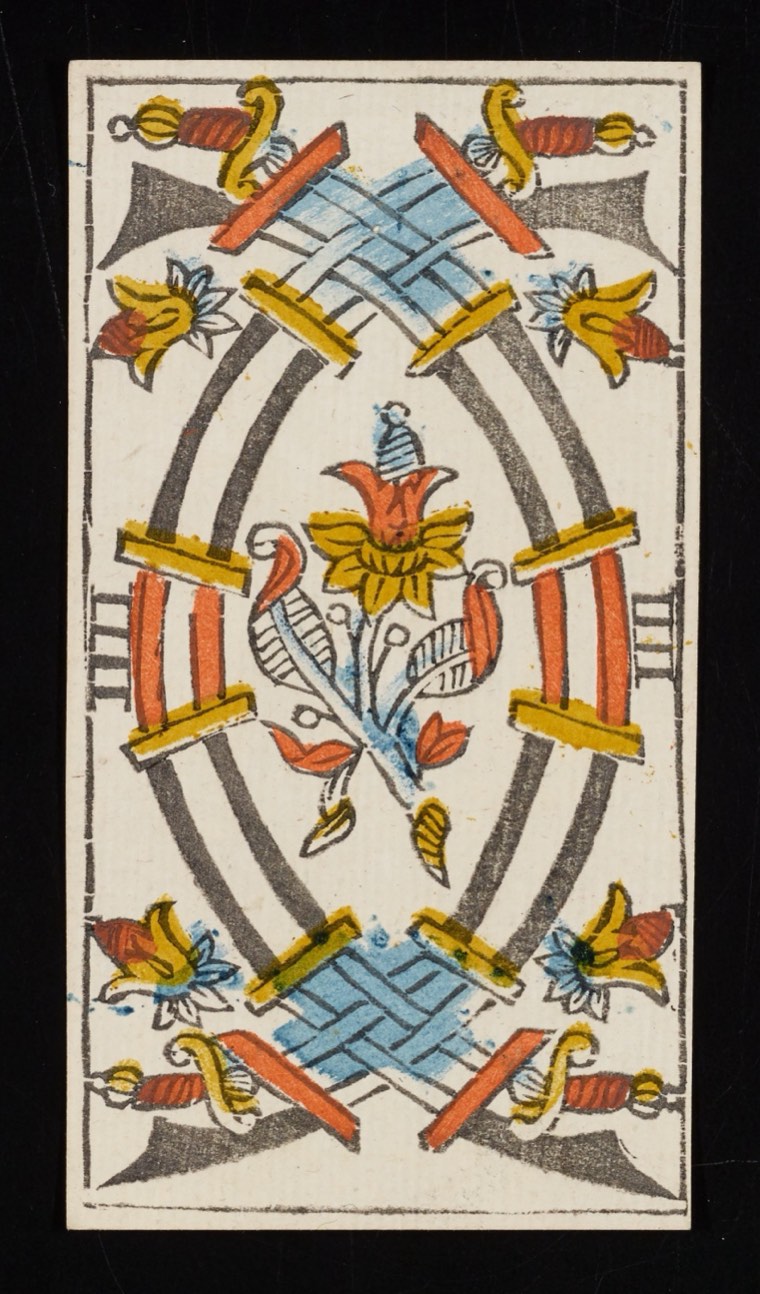 Four of Swords in Claude Burdel’s 1751 Tarot de Marseille. Read through number, suit, geometry, posture, direction, and visible relationships.