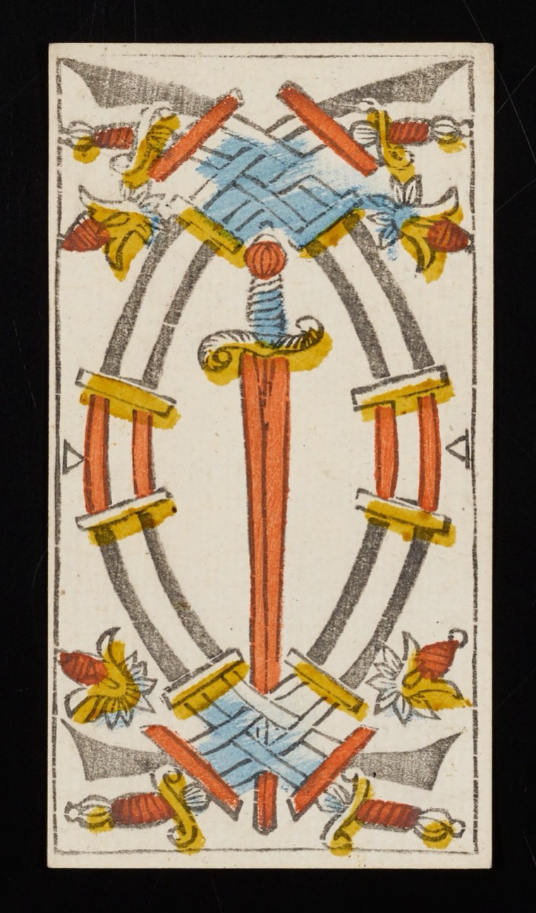 Five of Swords in Claude Burdel’s 1751 Tarot de Marseille. Read through number, suit, geometry, posture, direction, and visible relationships.