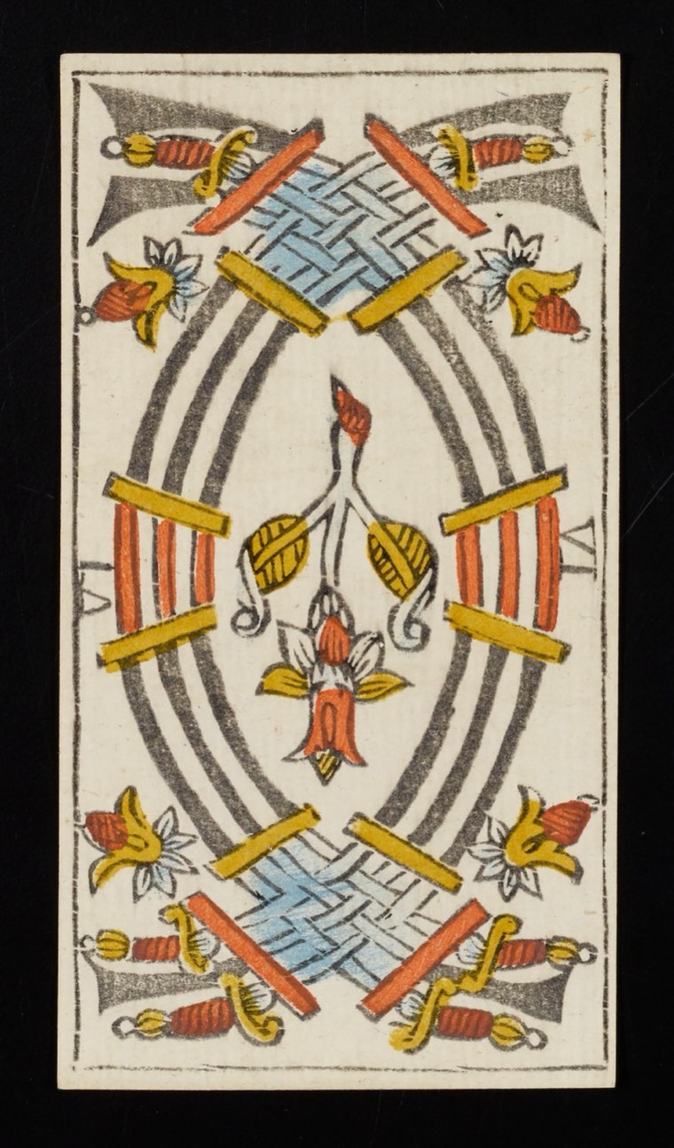 Six of Swords in Claude Burdel’s 1751 Tarot de Marseille. Read through number, suit, geometry, posture, direction, and visible relationships.