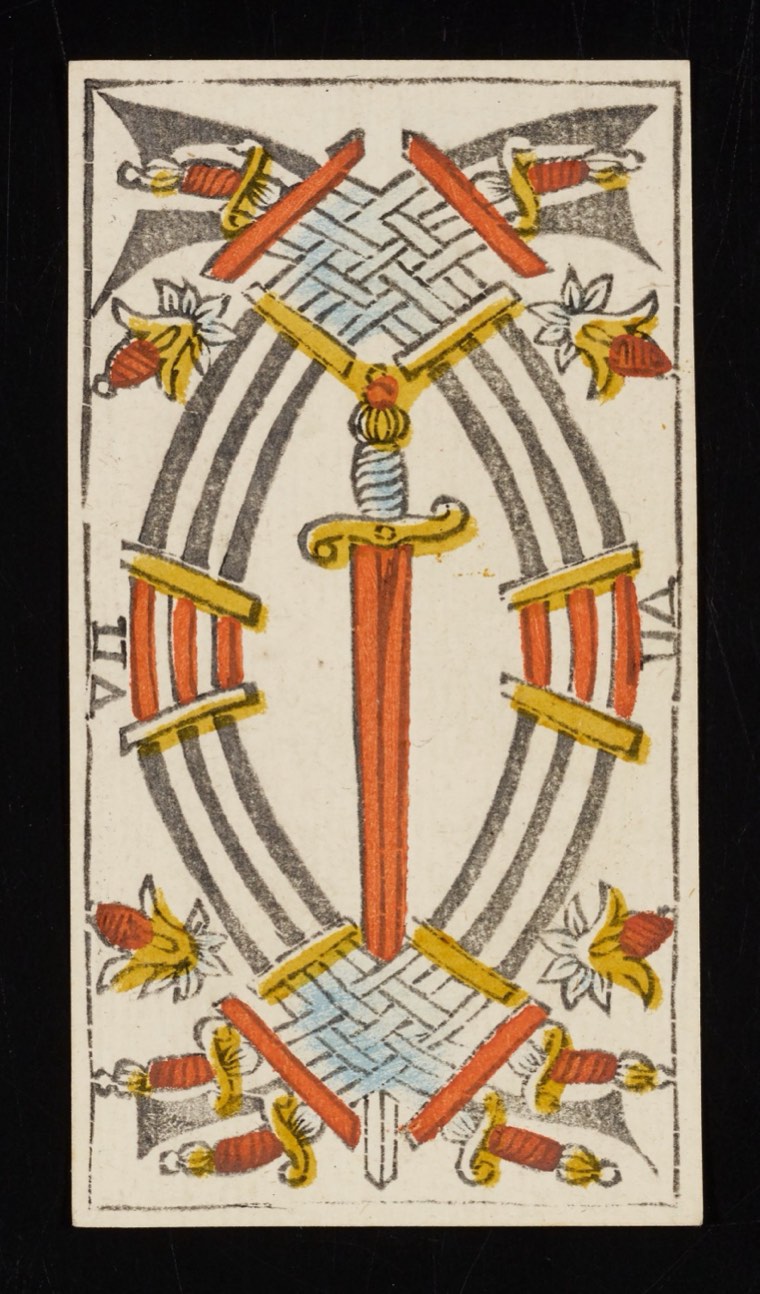 Seven of Swords in Claude Burdel’s 1751 Tarot de Marseille. Read through number, suit, geometry, posture, direction, and visible relationships.