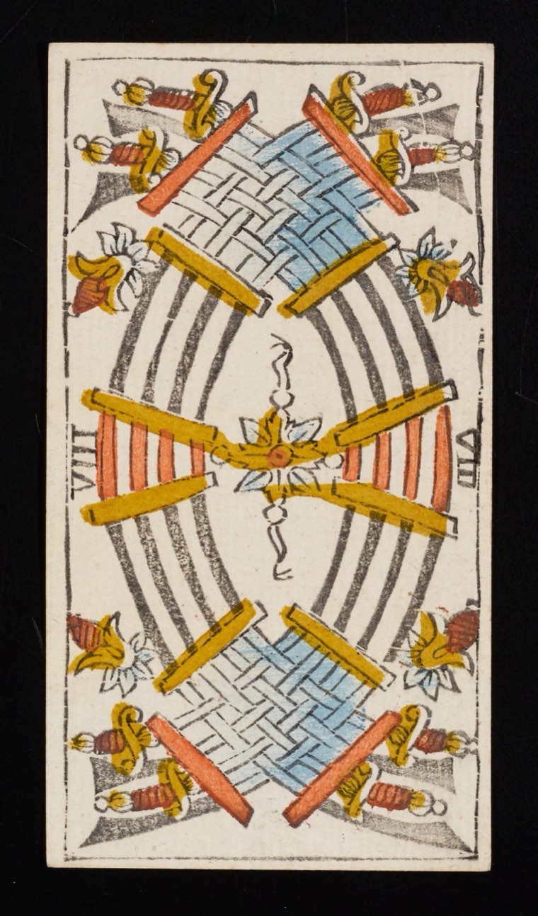 Eight of Swords in Claude Burdel’s 1751 Tarot de Marseille. Read through number, suit, geometry, posture, direction, and visible relationships.