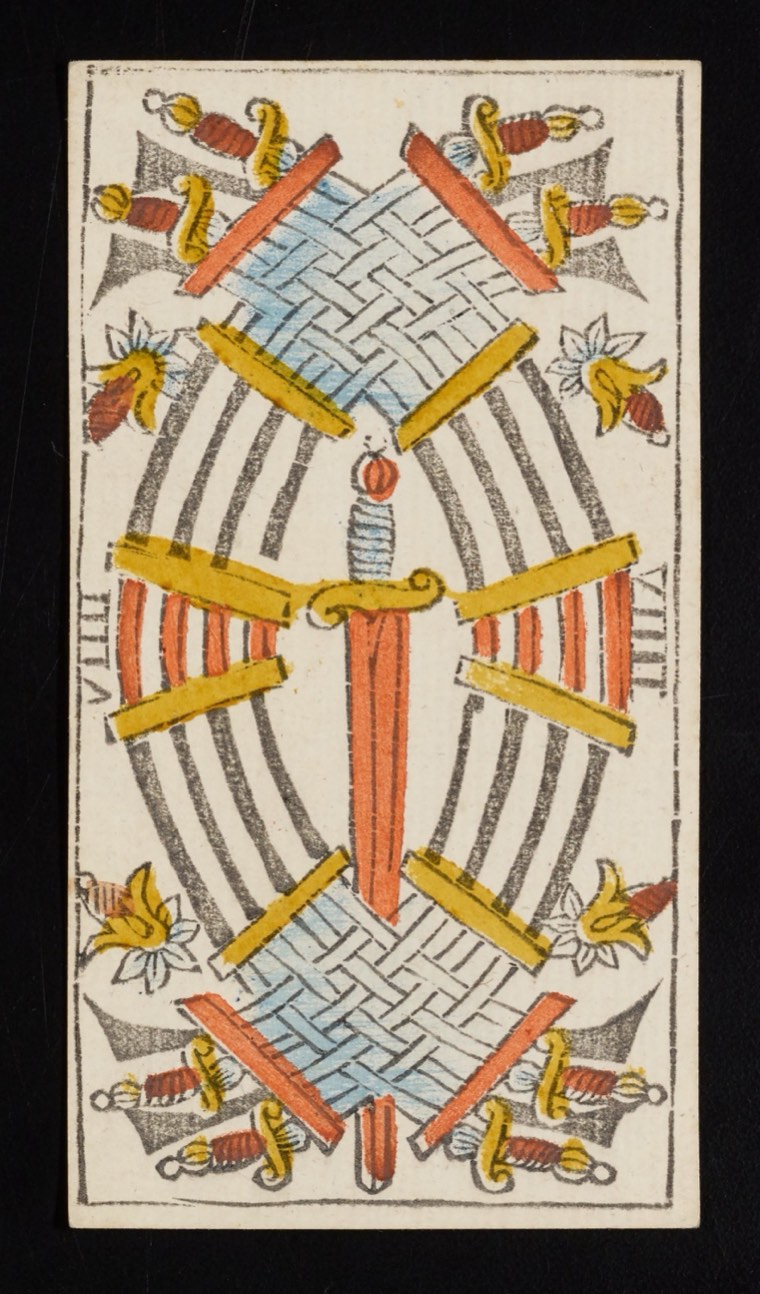 Nine of Swords in Claude Burdel’s 1751 Tarot de Marseille. Read through number, suit, geometry, posture, direction, and visible relationships.
