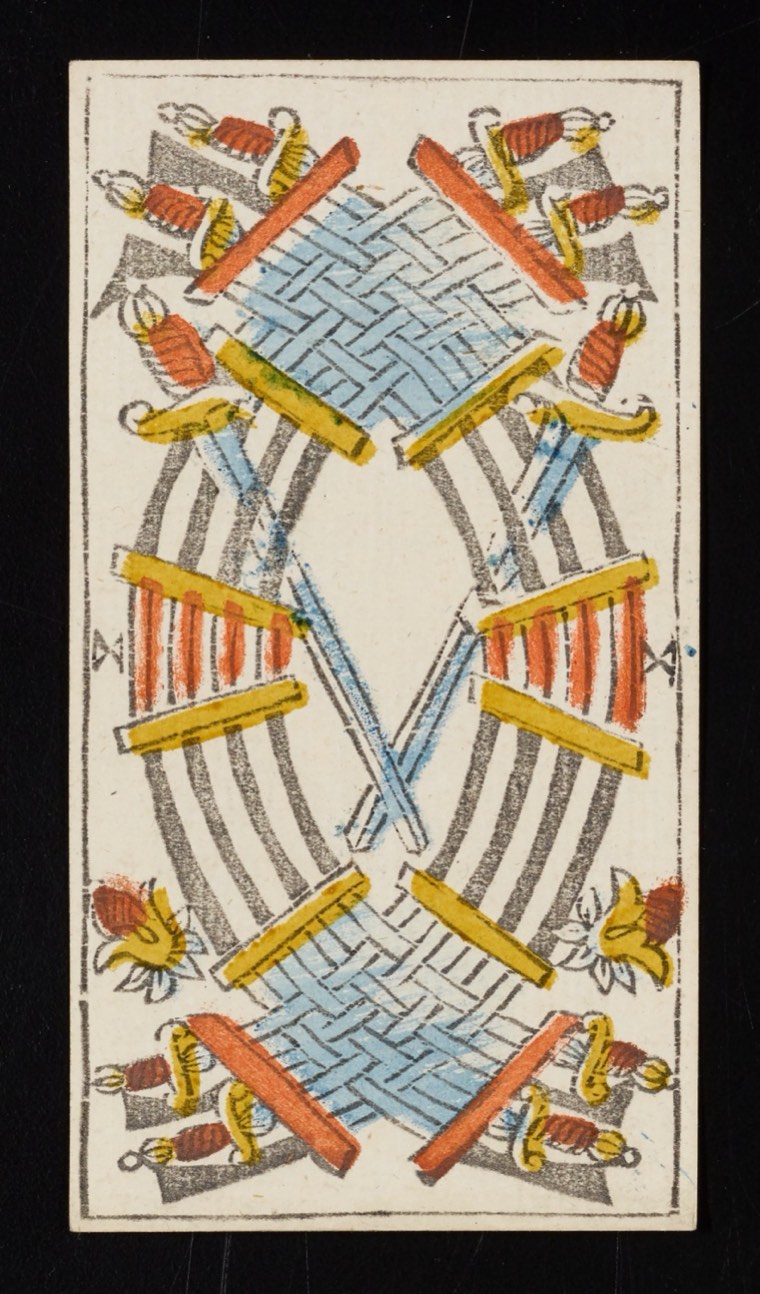 Ten of Swords in Claude Burdel’s 1751 Tarot de Marseille. Read through number, suit, geometry, posture, direction, and visible relationships.