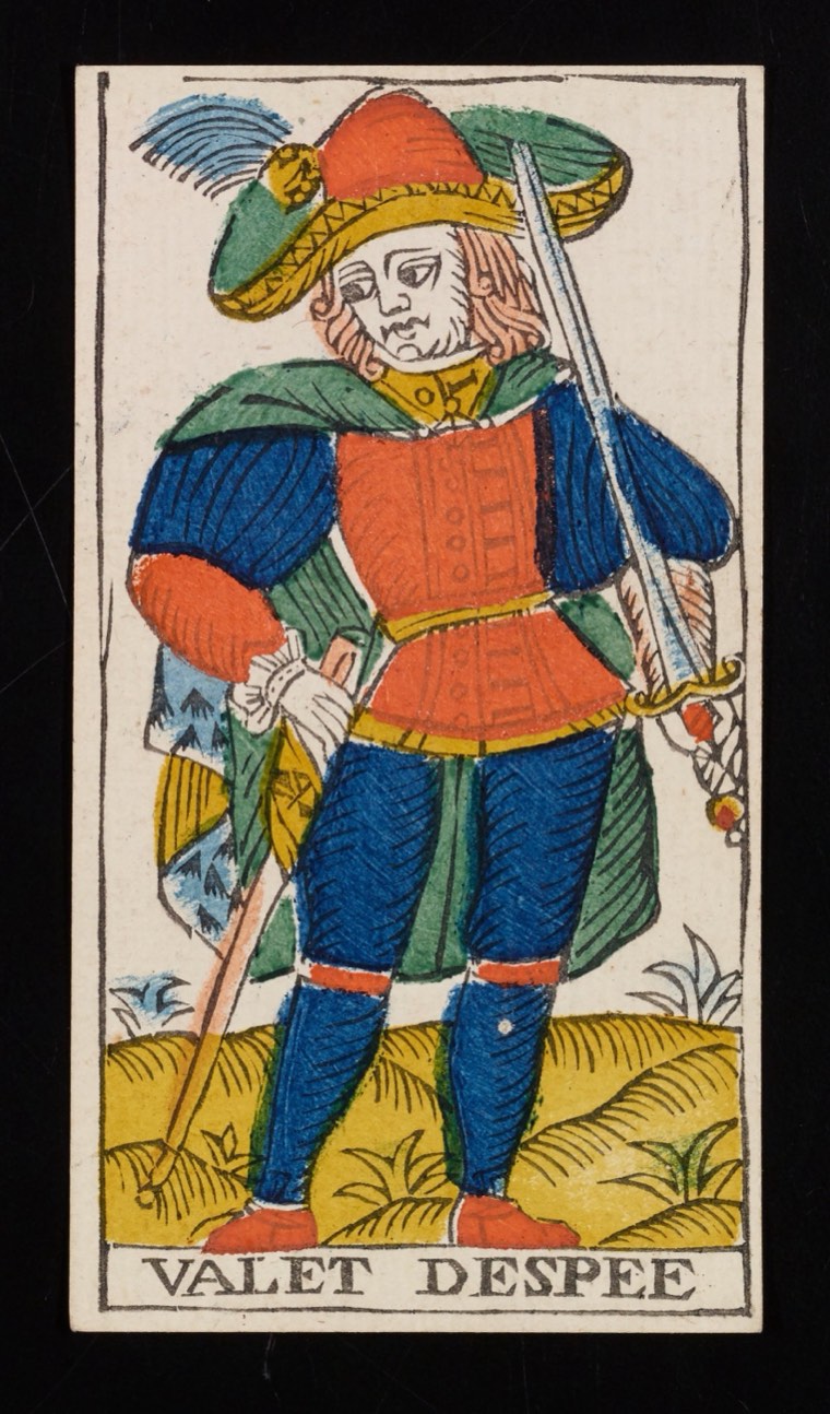 Page of Swords in Claude Burdel’s 1751 Tarot de Marseille. Read through number, suit, geometry, posture, direction, and visible relationships.