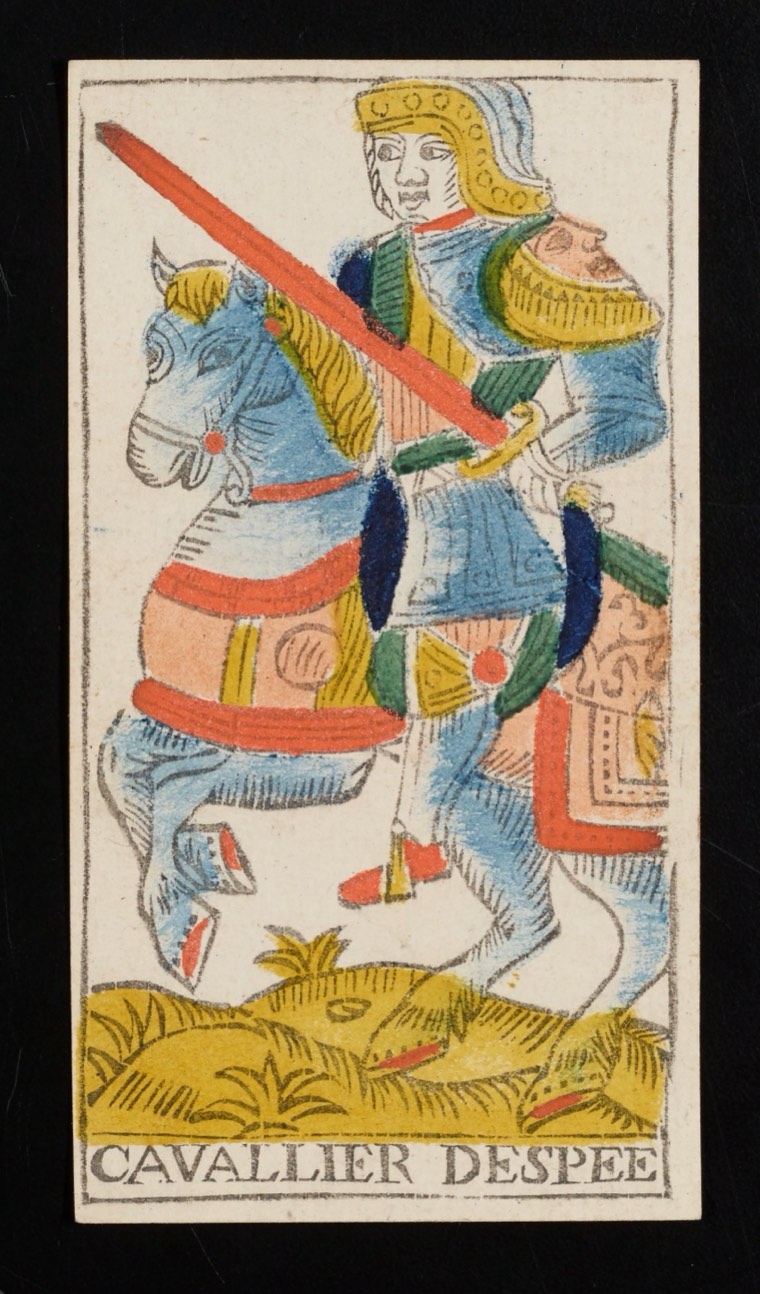 Knight of Swords in Claude Burdel’s 1751 Tarot de Marseille. Read through number, suit, geometry, posture, direction, and visible relationships.