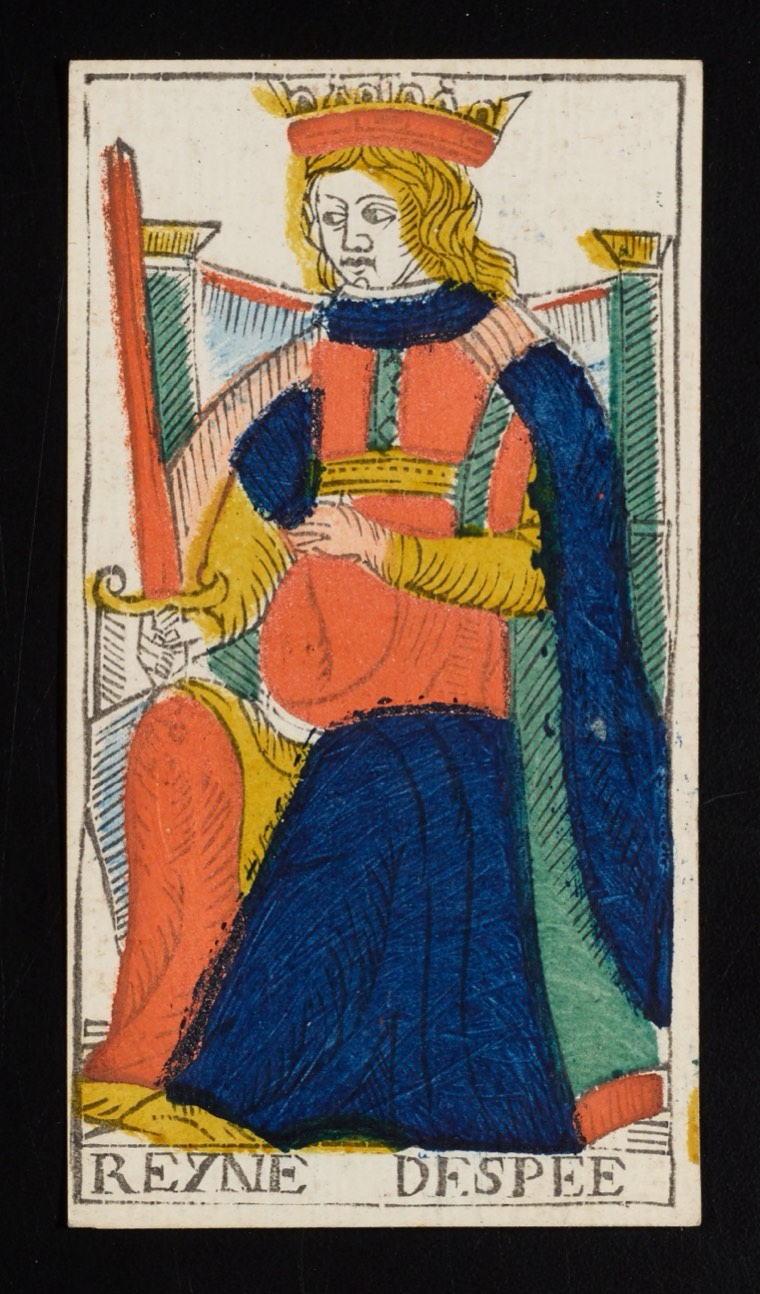 Queen of Swords in Claude Burdel’s 1751 Tarot de Marseille. Read through number, suit, geometry, posture, direction, and visible relationships.