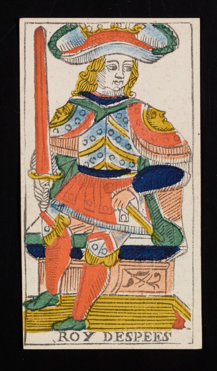 King of Swords in Claude Burdel’s 1751 Tarot de Marseille. Read through number, suit, geometry, posture, direction, and visible relationships.