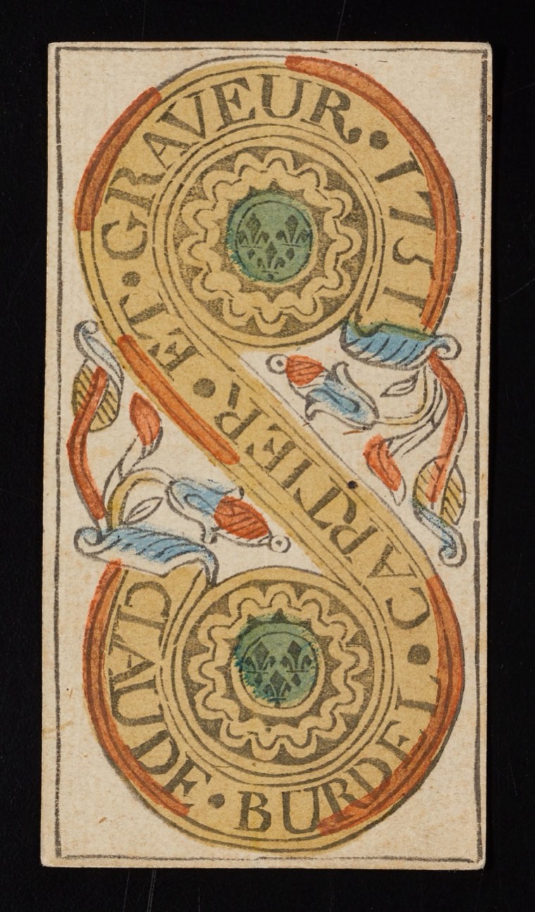 Two of Pentacles in Claude Burdel’s 1751 Tarot de Marseille. Read through number, suit, geometry, posture, direction, and visible relationships.