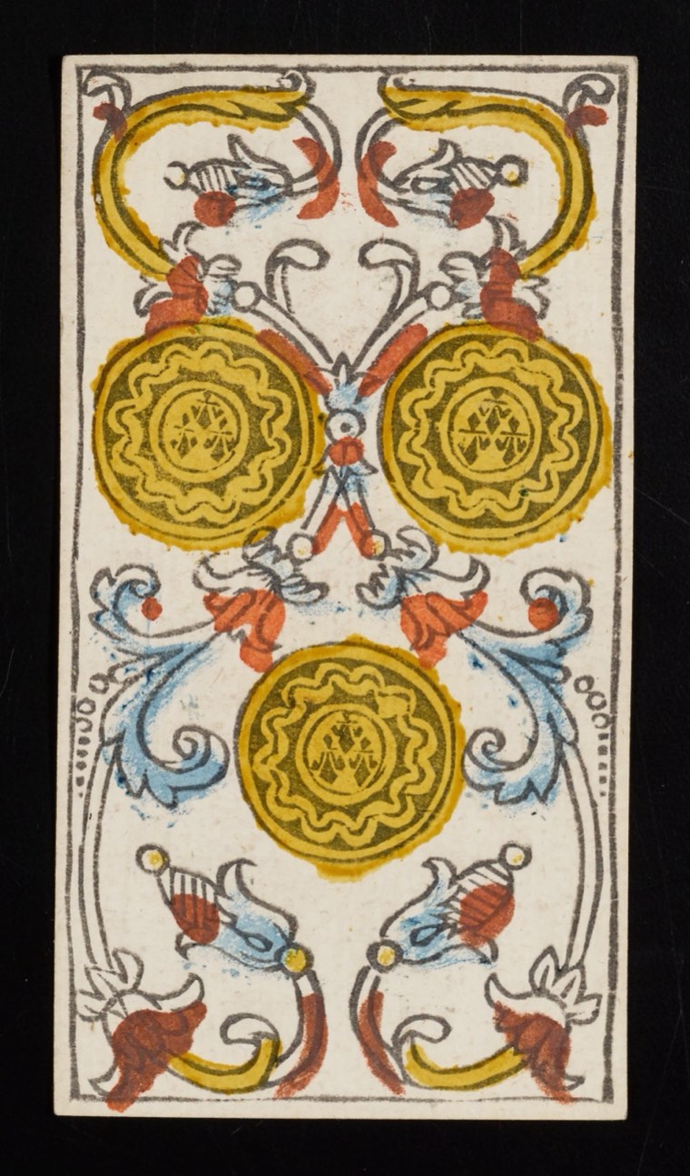 Three of Pentacles in Claude Burdel’s 1751 Tarot de Marseille. Read through number, suit, geometry, posture, direction, and visible relationships.