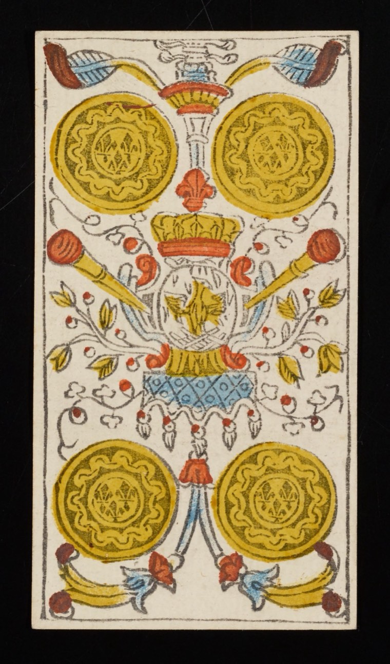 Four of Pentacles in Claude Burdel’s 1751 Tarot de Marseille. Read through number, suit, geometry, posture, direction, and visible relationships.