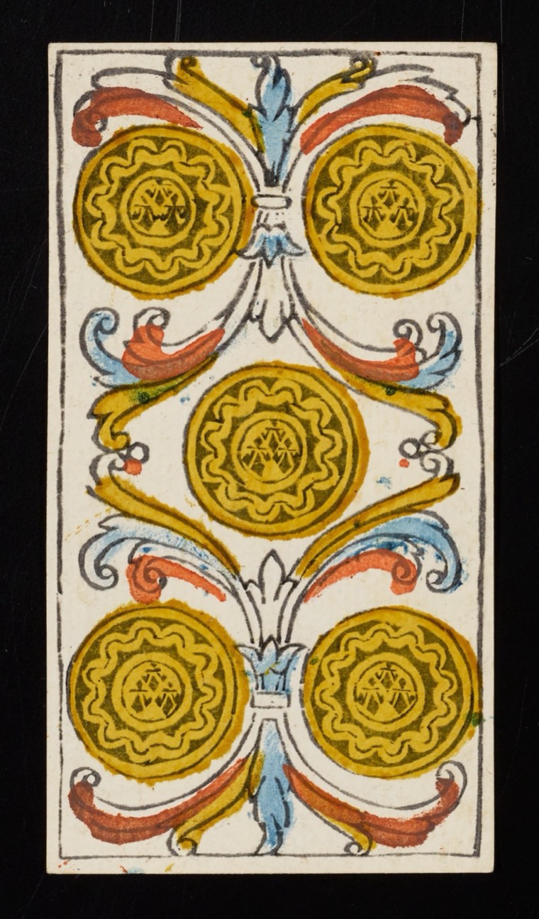 Five of Pentacles in Claude Burdel’s 1751 Tarot de Marseille. Read through number, suit, geometry, posture, direction, and visible relationships.