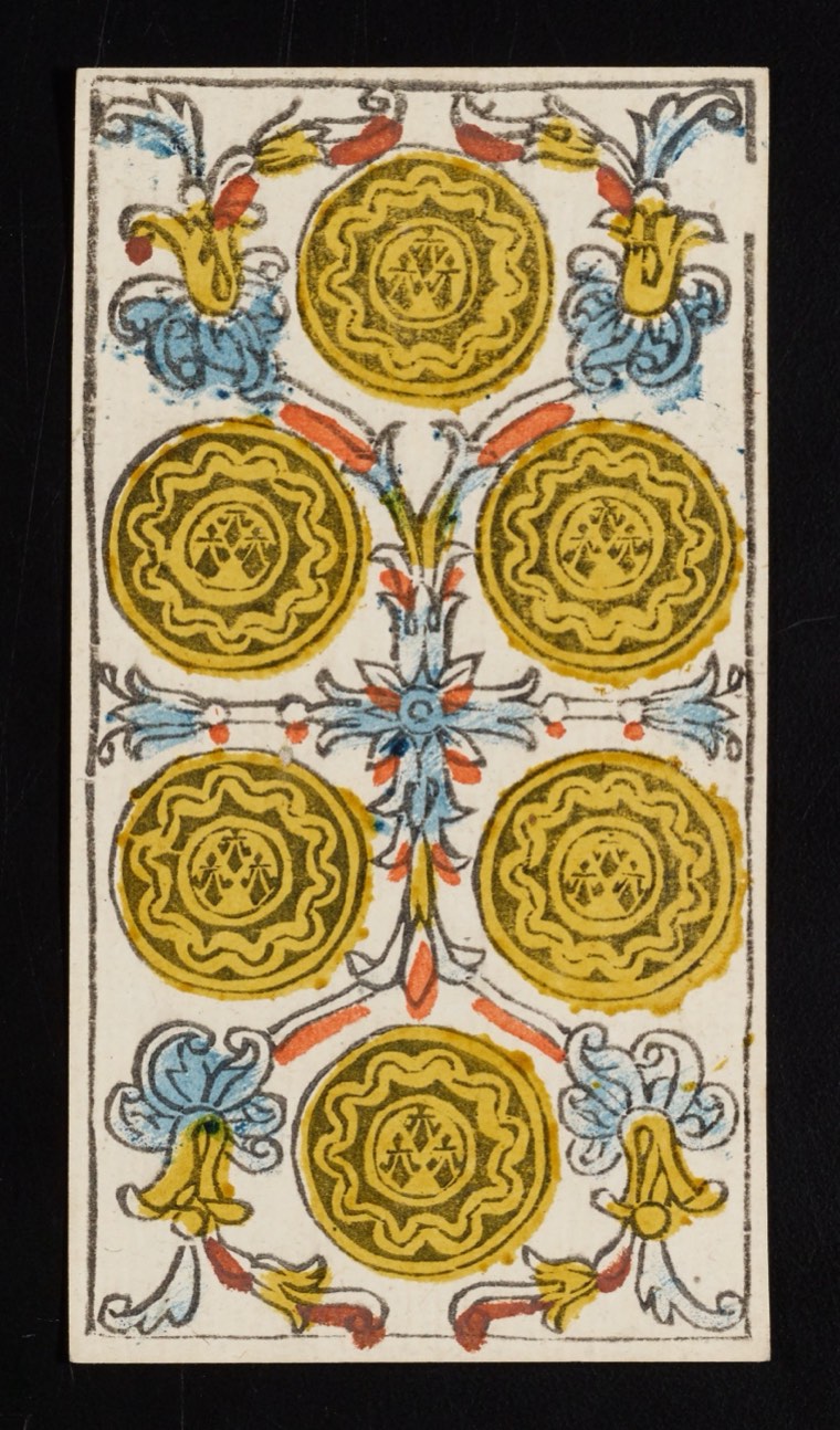 Six of Pentacles in Claude Burdel’s 1751 Tarot de Marseille. Read through number, suit, geometry, posture, direction, and visible relationships.