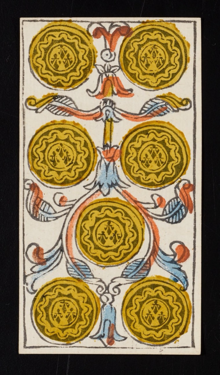Seven of Pentacles in Claude Burdel’s 1751 Tarot de Marseille. Read through number, suit, geometry, posture, direction, and visible relationships.