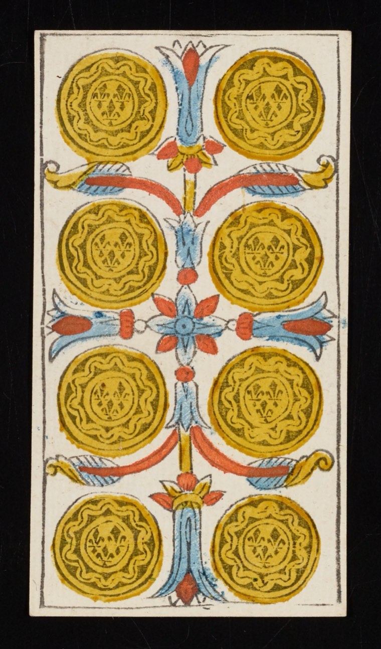 Eight of Pentacles in Claude Burdel’s 1751 Tarot de Marseille. Read through number, suit, geometry, posture, direction, and visible relationships.