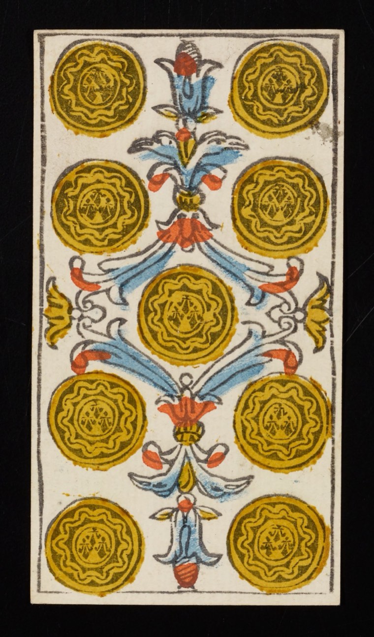Nine of Pentacles in Claude Burdel’s 1751 Tarot de Marseille. Read through number, suit, geometry, posture, direction, and visible relationships.
