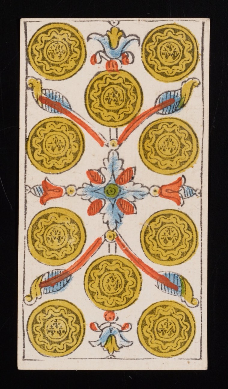 Ten of Pentacles in Claude Burdel’s 1751 Tarot de Marseille. Read through number, suit, geometry, posture, direction, and visible relationships.