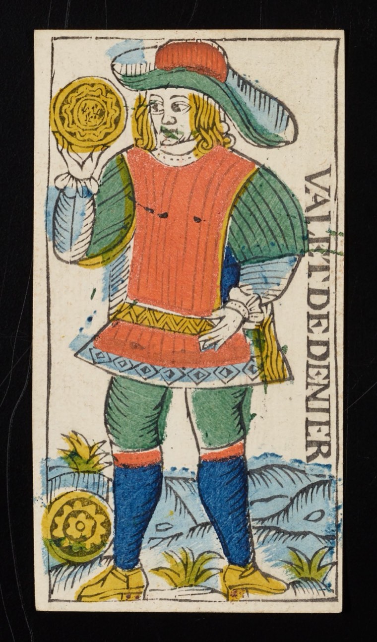 Page of Pentacles in Claude Burdel’s 1751 Tarot de Marseille. Read through number, suit, geometry, posture, direction, and visible relationships.