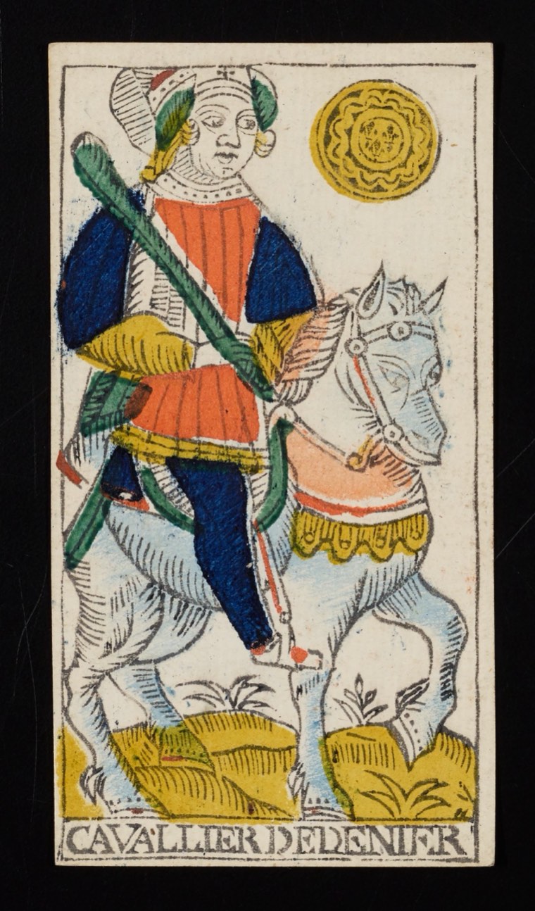 Knight of Pentacles in Claude Burdel’s 1751 Tarot de Marseille. Read through number, suit, geometry, posture, direction, and visible relationships.