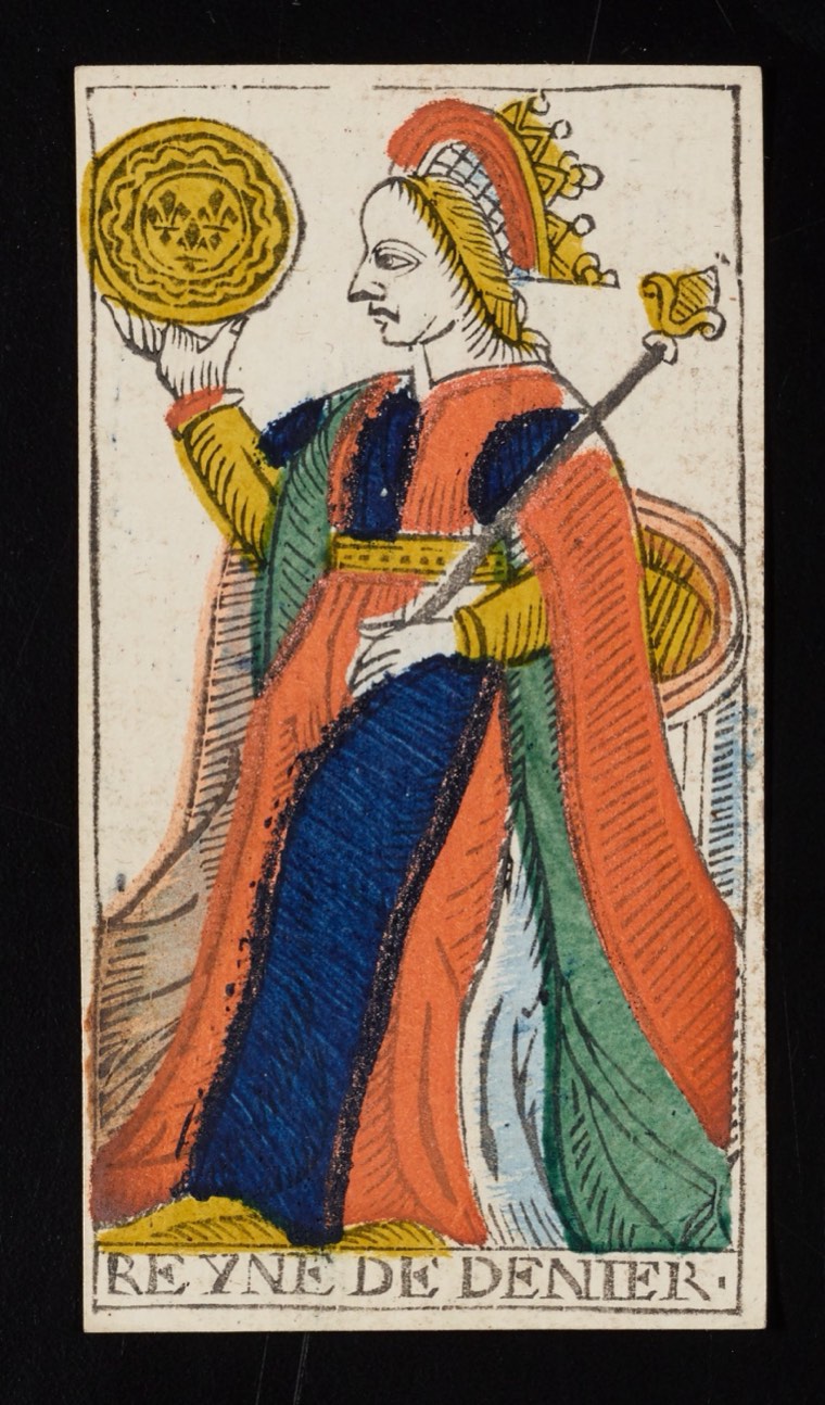 Queen of Pentacles in Claude Burdel’s 1751 Tarot de Marseille. Read through number, suit, geometry, posture, direction, and visible relationships.