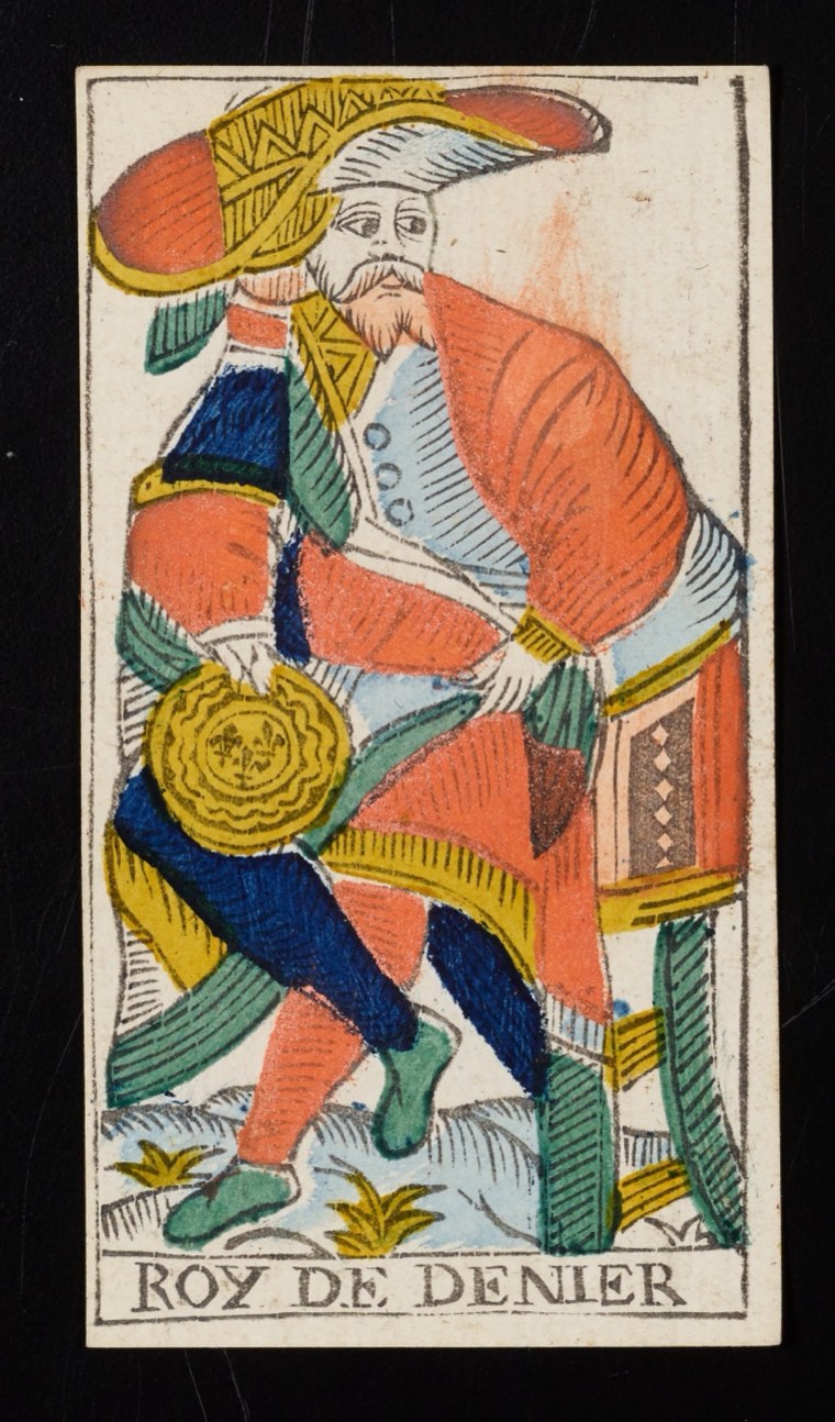 King of Pentacles in Claude Burdel’s 1751 Tarot de Marseille. Read through number, suit, geometry, posture, direction, and visible relationships.