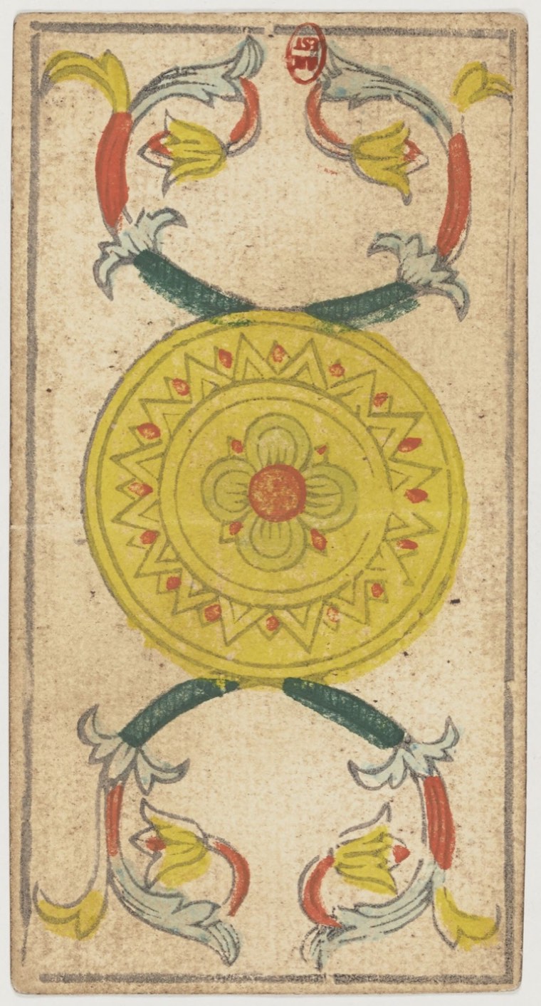 Ace of Pentacles in Claude Burdel’s 1751 Tarot de Marseille (documented replacement face). Read through number, suit, geometry, posture, direction, and visible relationships.