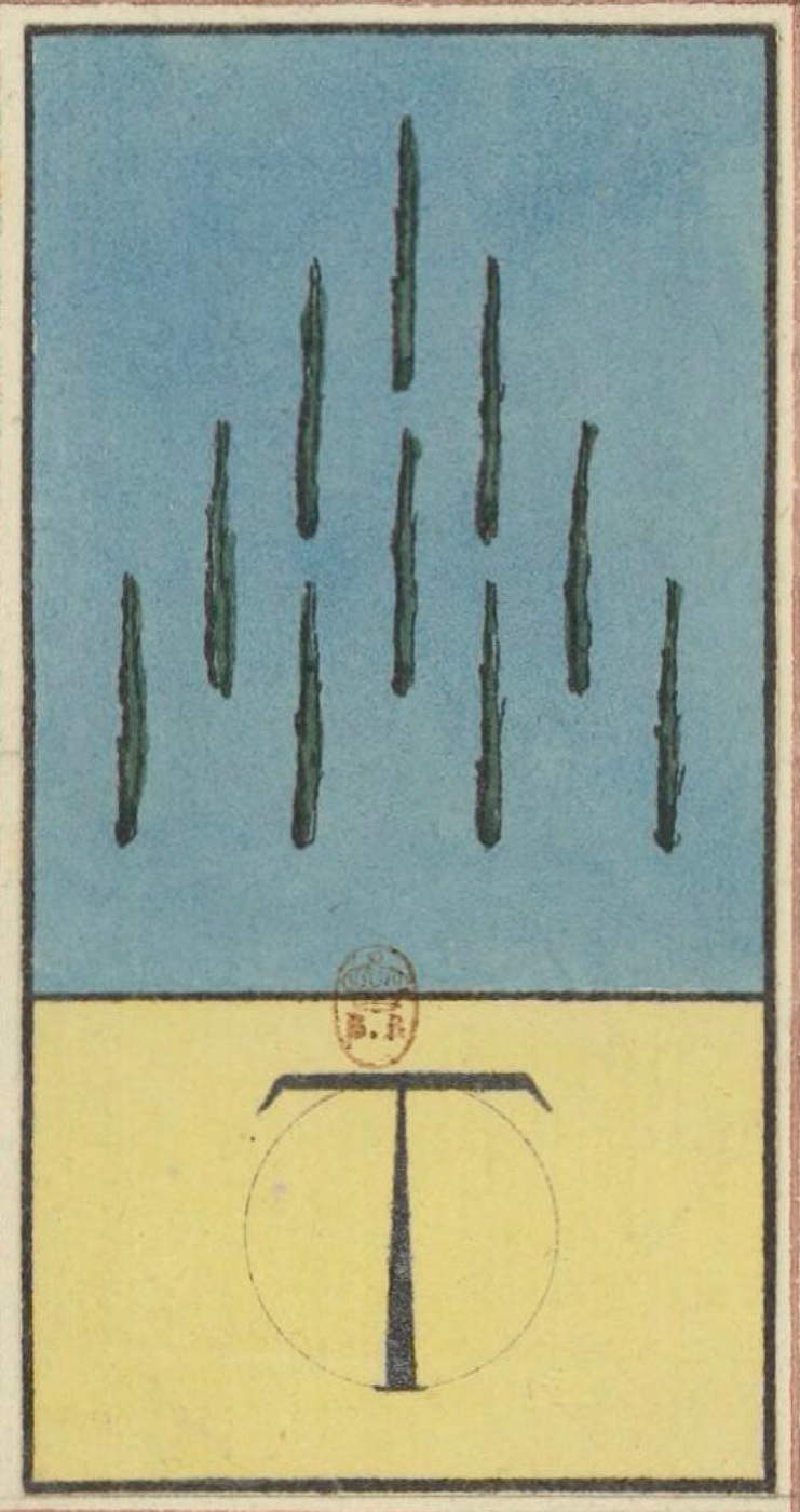 Ten of Wands, card 26 in the Grand Etteilla I deck, circa 1789