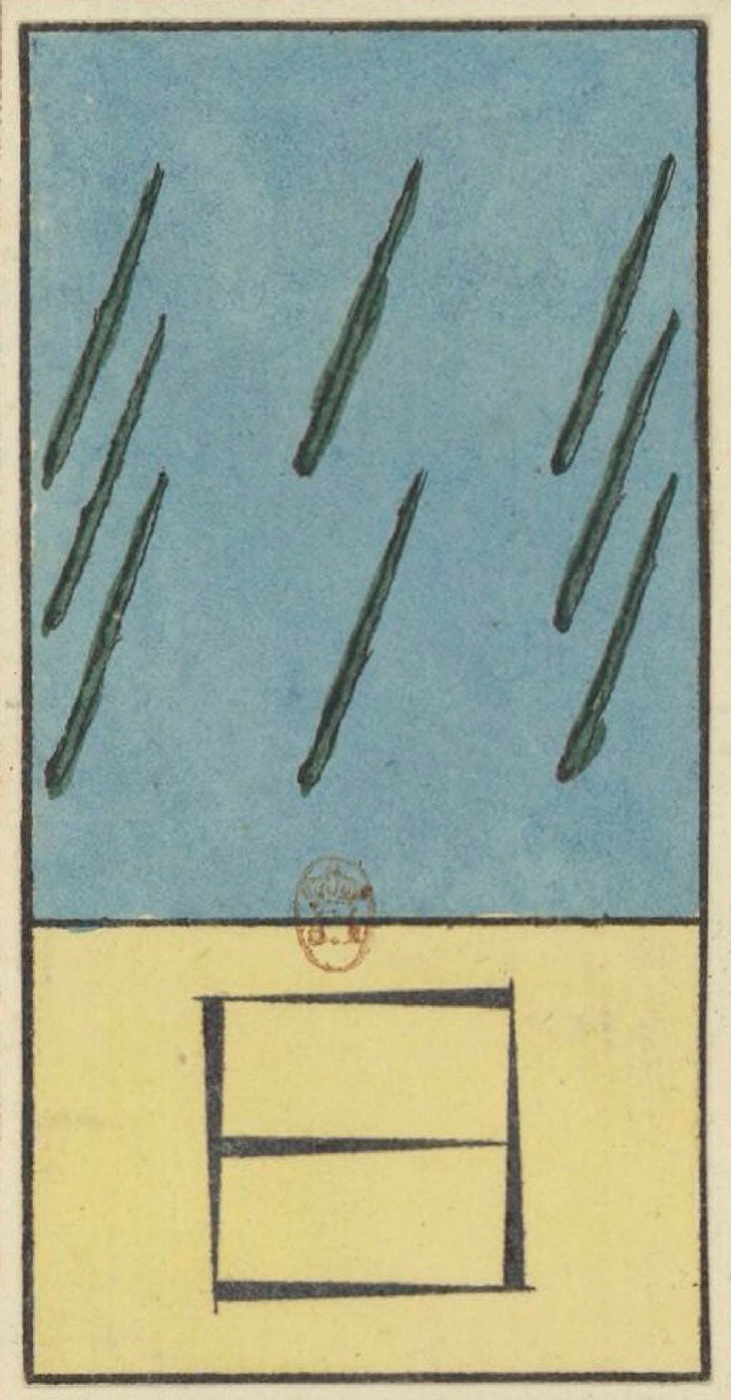 Eight of Wands, card 28 in the Grand Etteilla I deck, circa 1789