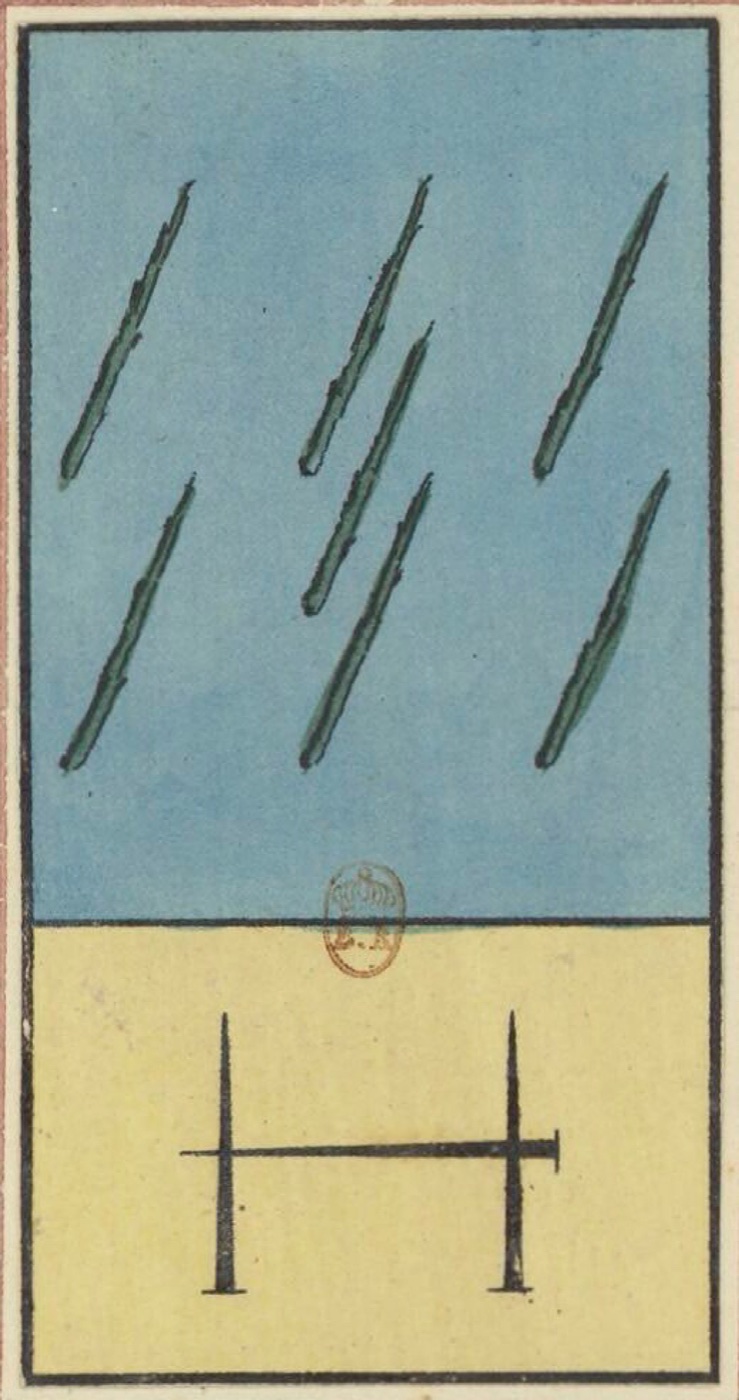 Seven of Wands, card 29 in the Grand Etteilla I deck, circa 1789