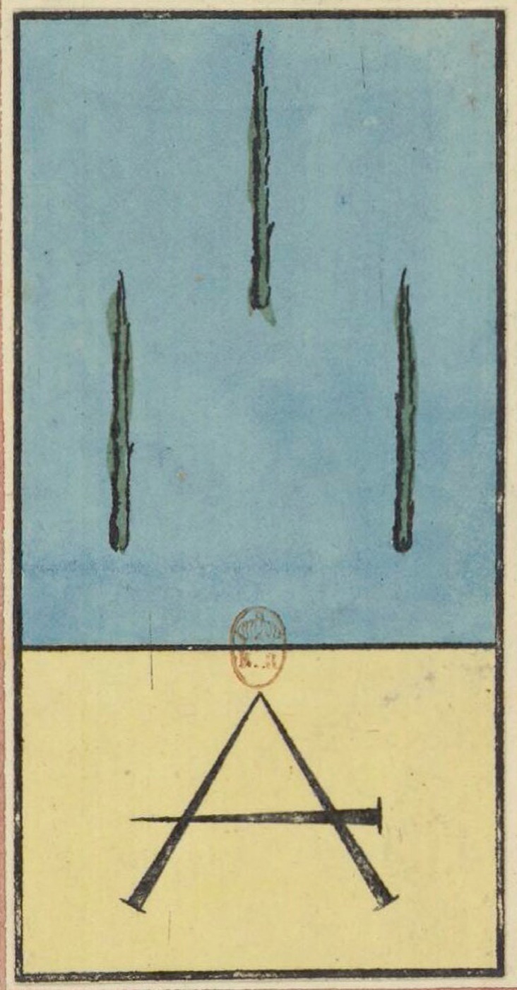 Three of Wands, card 33 in the Grand Etteilla I deck, circa 1789