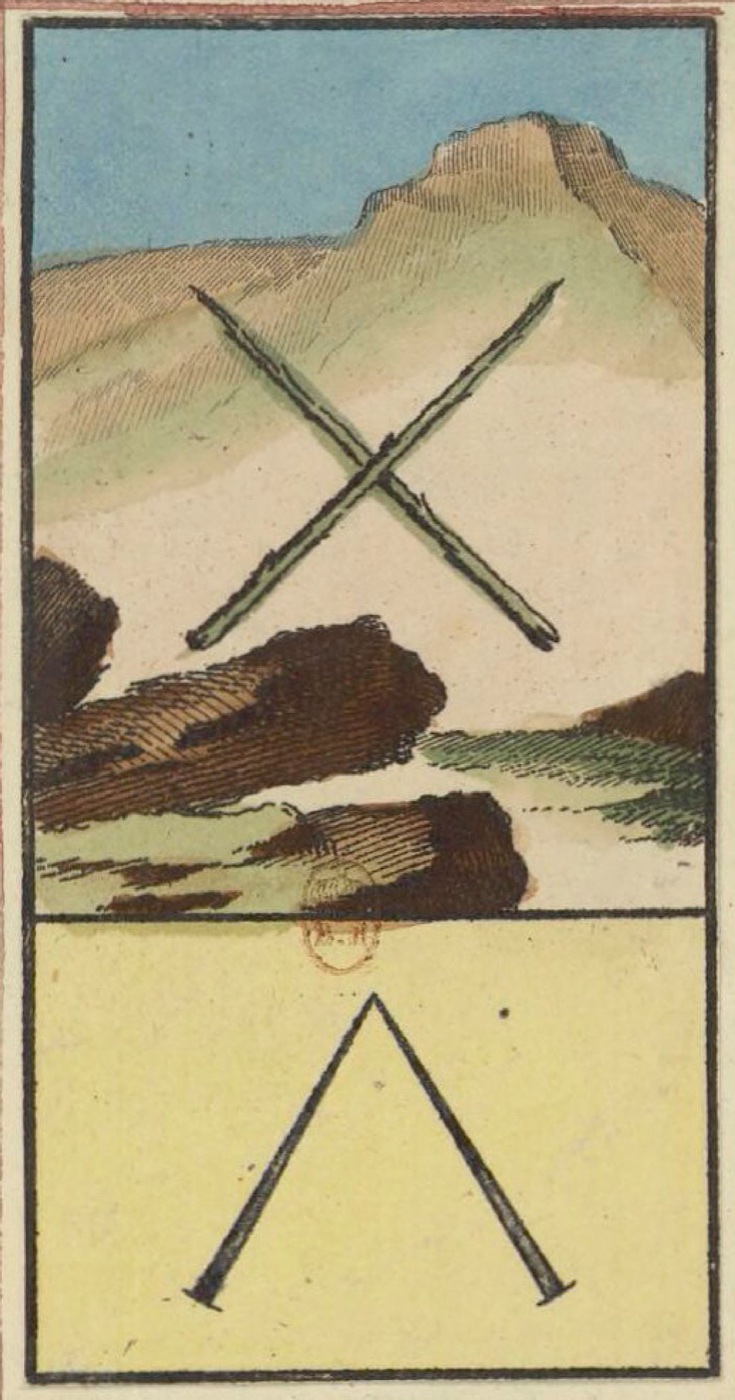 Two of Wands, card 34 in the Grand Etteilla I deck, circa 1789