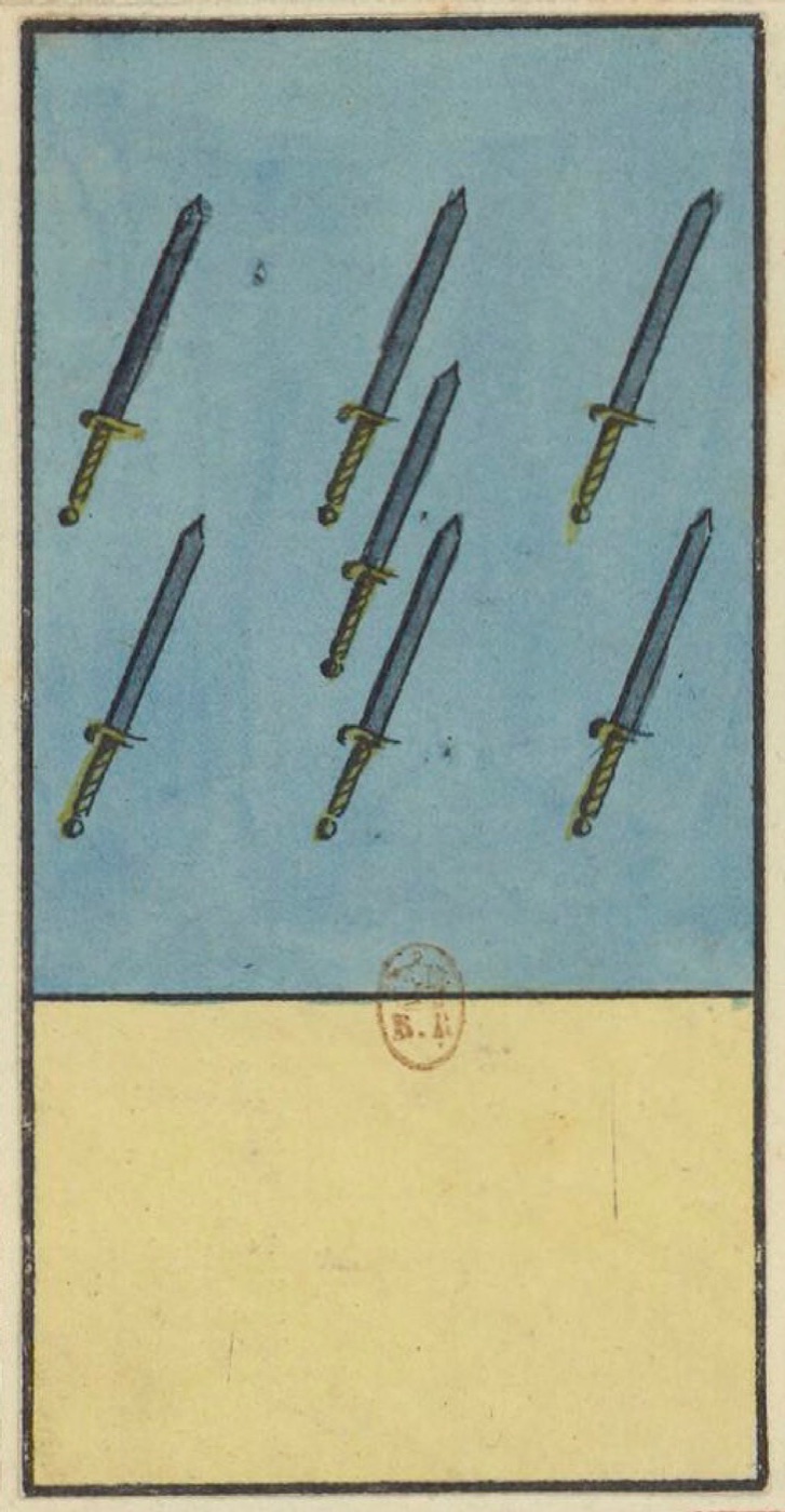 Seven of Swords, card 57 in the Grand Etteilla I deck, circa 1789
