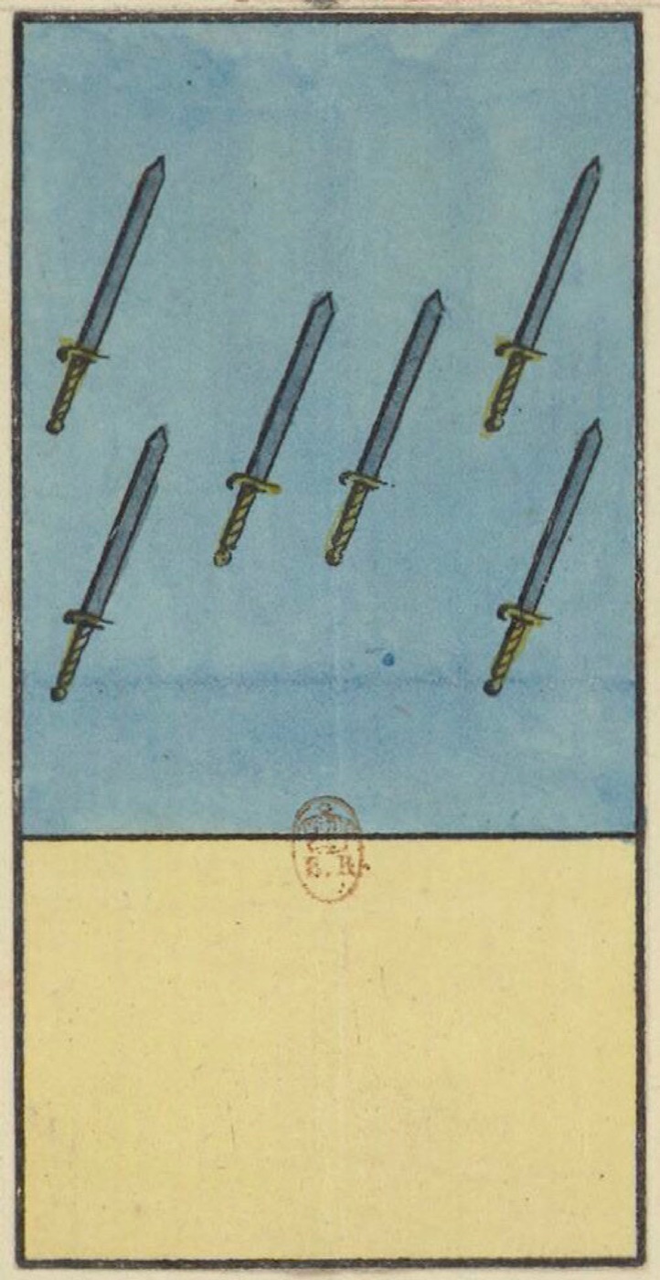 Six of Swords, card 58 in the Grand Etteilla I deck, circa 1789