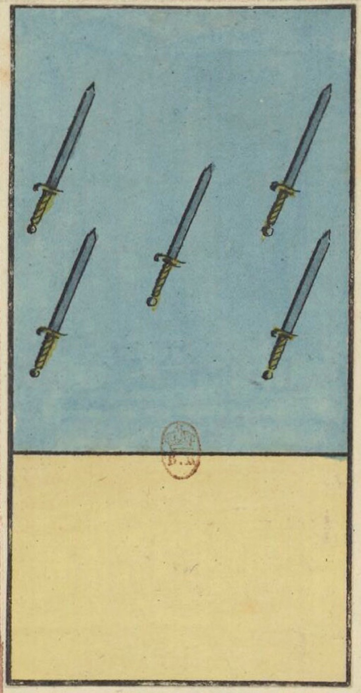 Five of Swords, card 59 in the Grand Etteilla I deck, circa 1789