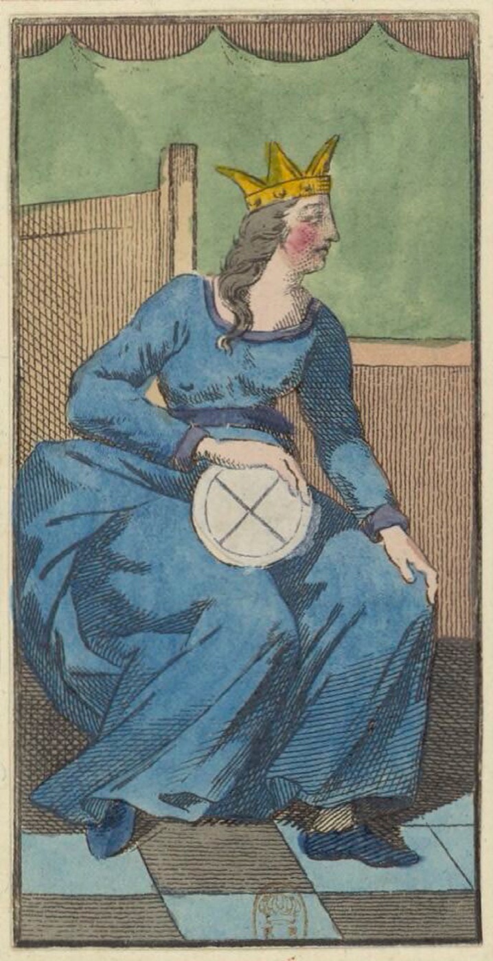 Queen of Coins, card 65 in the Grand Etteilla I deck, circa 1789