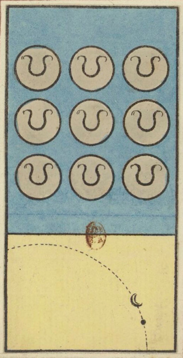 Nine of Coins, card 69 in the Grand Etteilla I deck, circa 1789