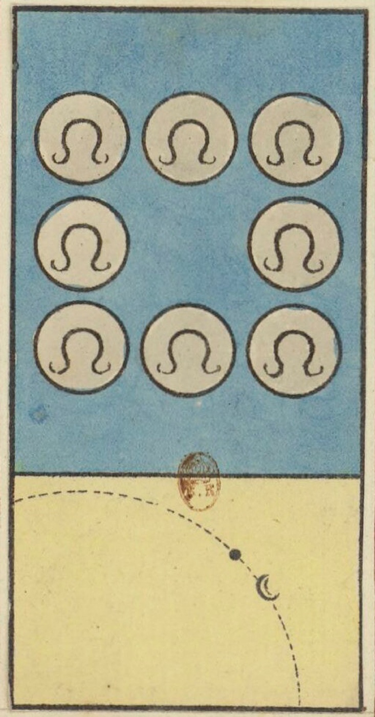 Eight of Coins, card 70 in the Grand Etteilla I deck, circa 1789