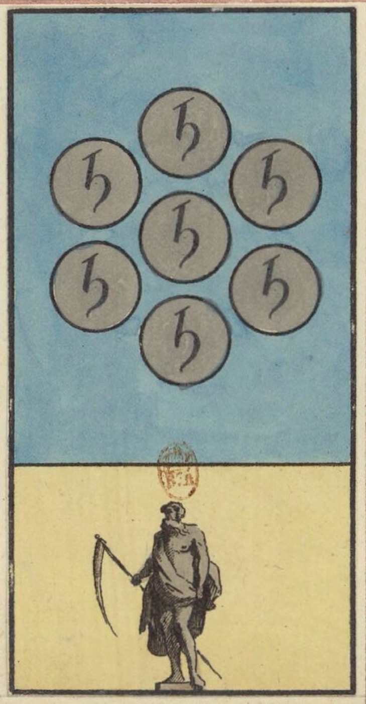 Seven of Coins, card 71 in the Grand Etteilla I deck, circa 1789