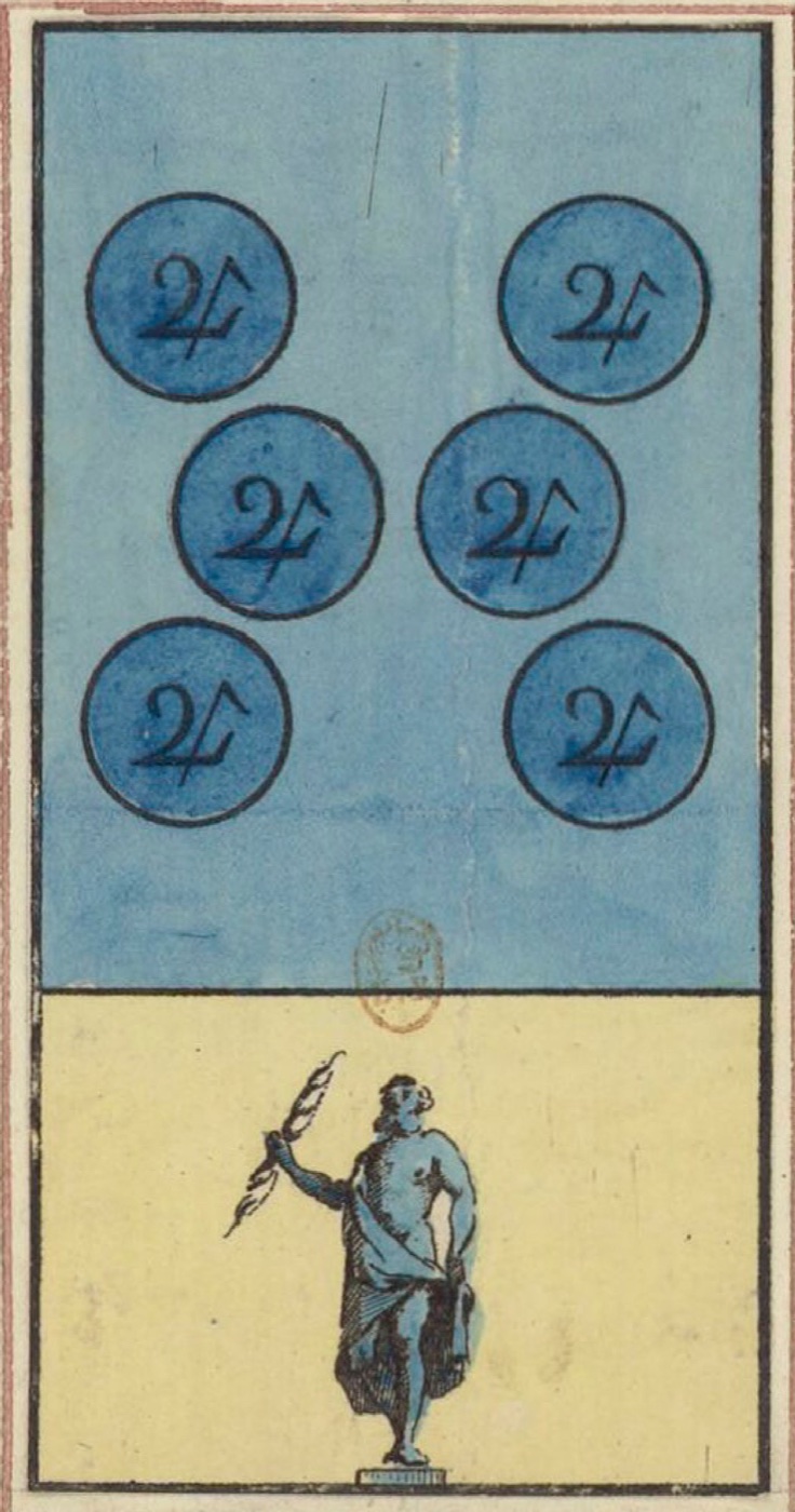 Six of Coins, card 72 in the Grand Etteilla I deck, circa 1789