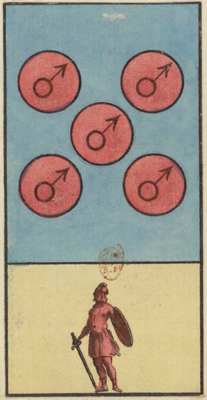 Five of Coins, card 73 in the Grand Etteilla I deck, circa 1789