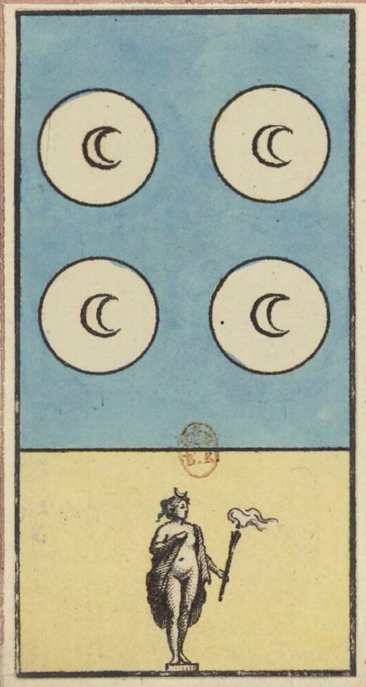 Four of Coins, card 74 in the Grand Etteilla I deck, circa 1789
