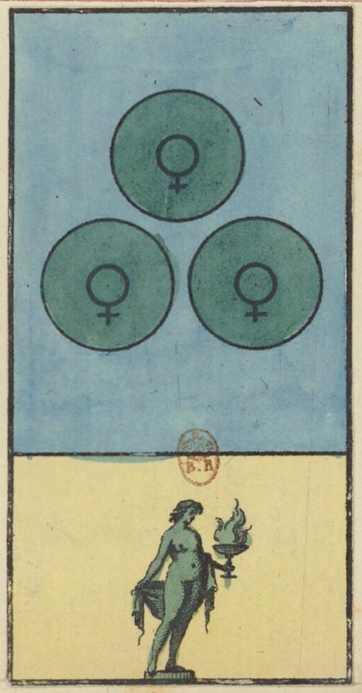 Three of Coins, card 75 in the Grand Etteilla I deck, circa 1789