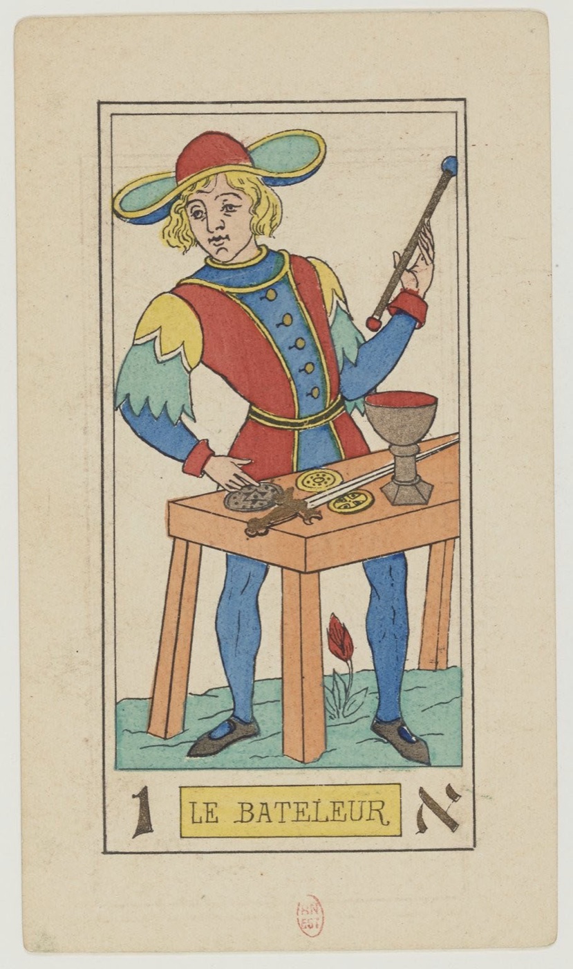 The Magician in Oswald Wirth’s original 1889 Major Arcana: one hand or force above and one below, working surface, all four suit tools or clear equivalents, focused maker