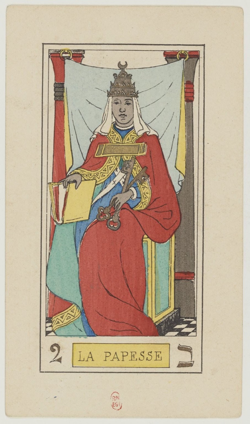 The High Priestess in Oswald Wirth’s original 1889 Major Arcana: guardian between polar forces, partly concealed knowledge, lunar or tidal cue, veil or threshold