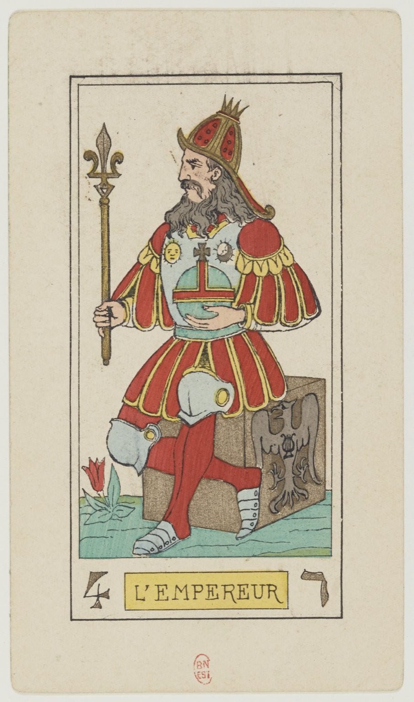 The Emperor in Oswald Wirth’s original 1889 Major Arcana: commanding stable seat or position, structured landscape, protective or governing authority, contained power
