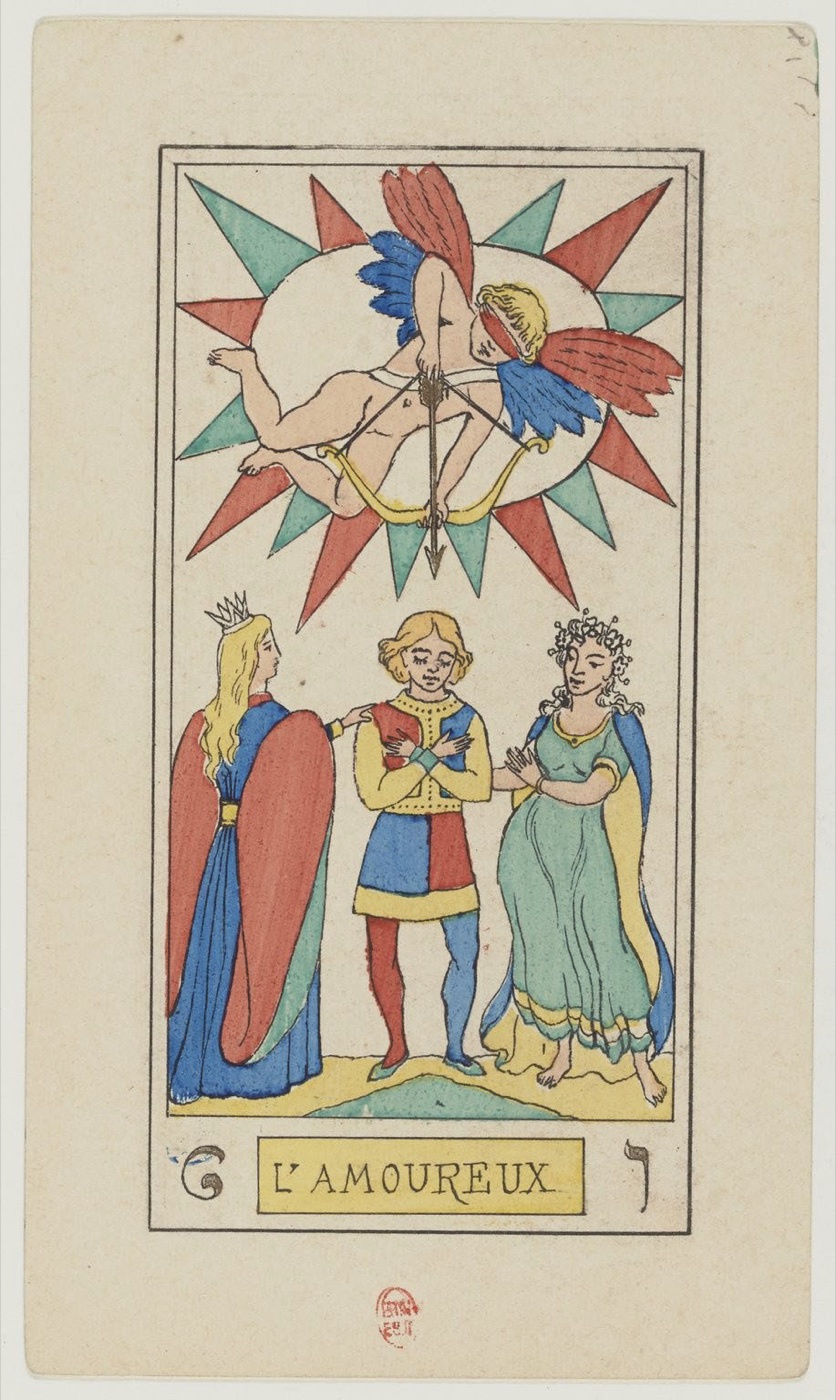 The Lovers in Oswald Wirth’s original 1889 Major Arcana: two equal adults in consequential relation, visible choice or openness, larger witnessing force, contrasting growth and fire or equivalents