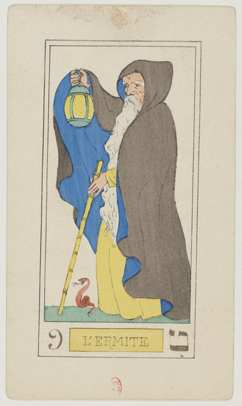 The Hermit in Oswald Wirth’s original 1889 Major Arcana: solitary seeker, small guiding light, height or distance, staff or support
