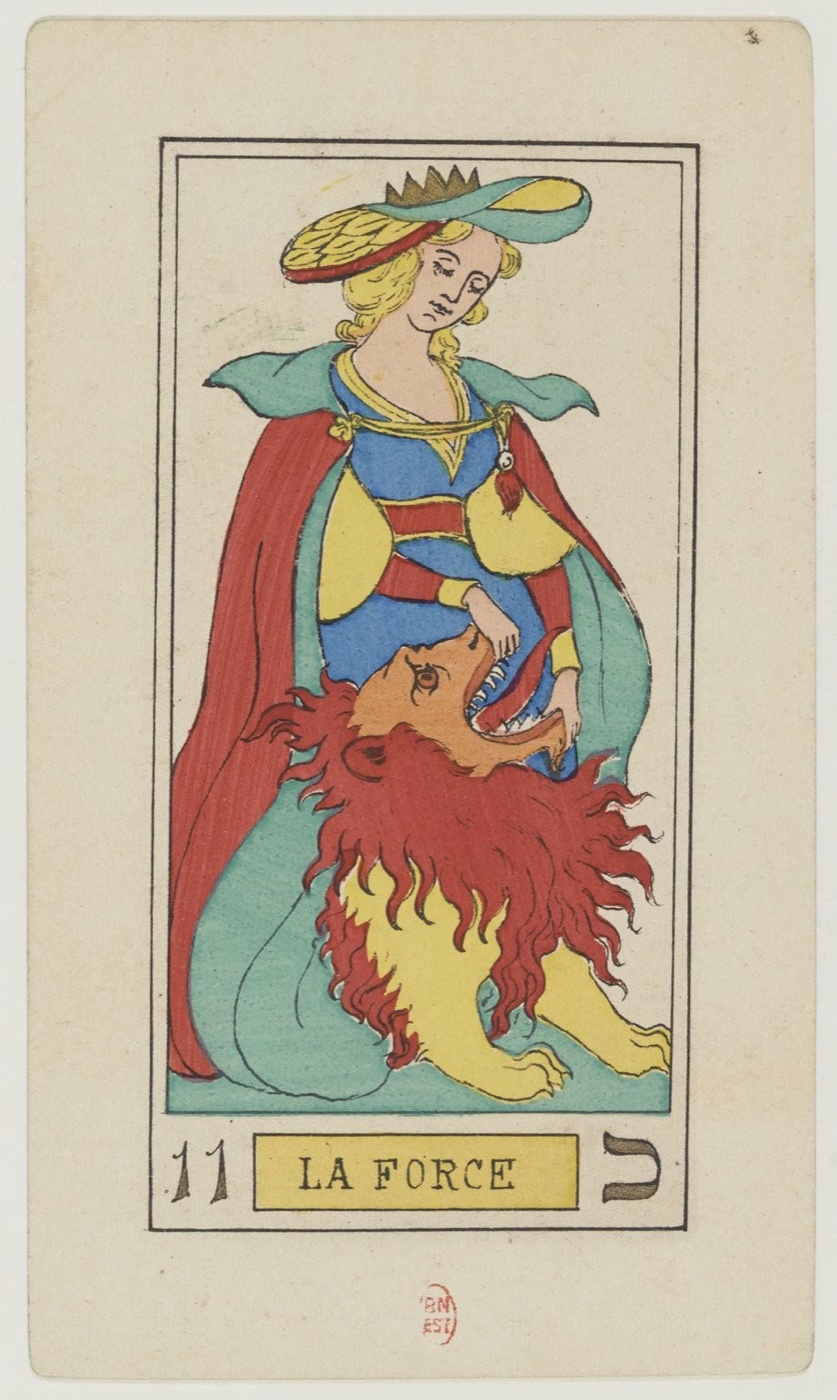 Justice in Oswald Wirth’s original 1889 Major Arcana: balanced weighing device or equivalent, decisive blade or instrument, frontal accountable posture, symmetry or equilibrium