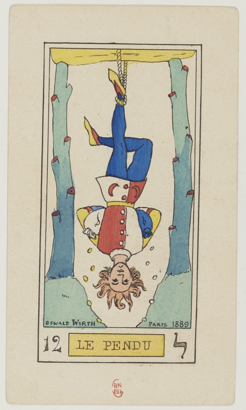 The Hanged Man in Oswald Wirth’s original 1889 Major Arcana: voluntary suspension, inverted viewpoint, calm expression, one leg bent or other sign of chosen posture