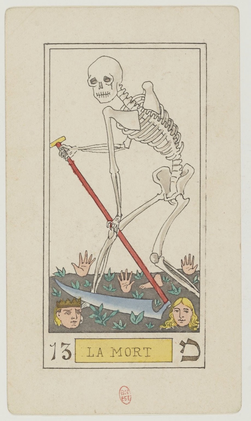 Death in Oswald Wirth’s original 1889 Major Arcana: impartial transformative force, varied human responses, clear ending or dissolution, renewal visible beyond
