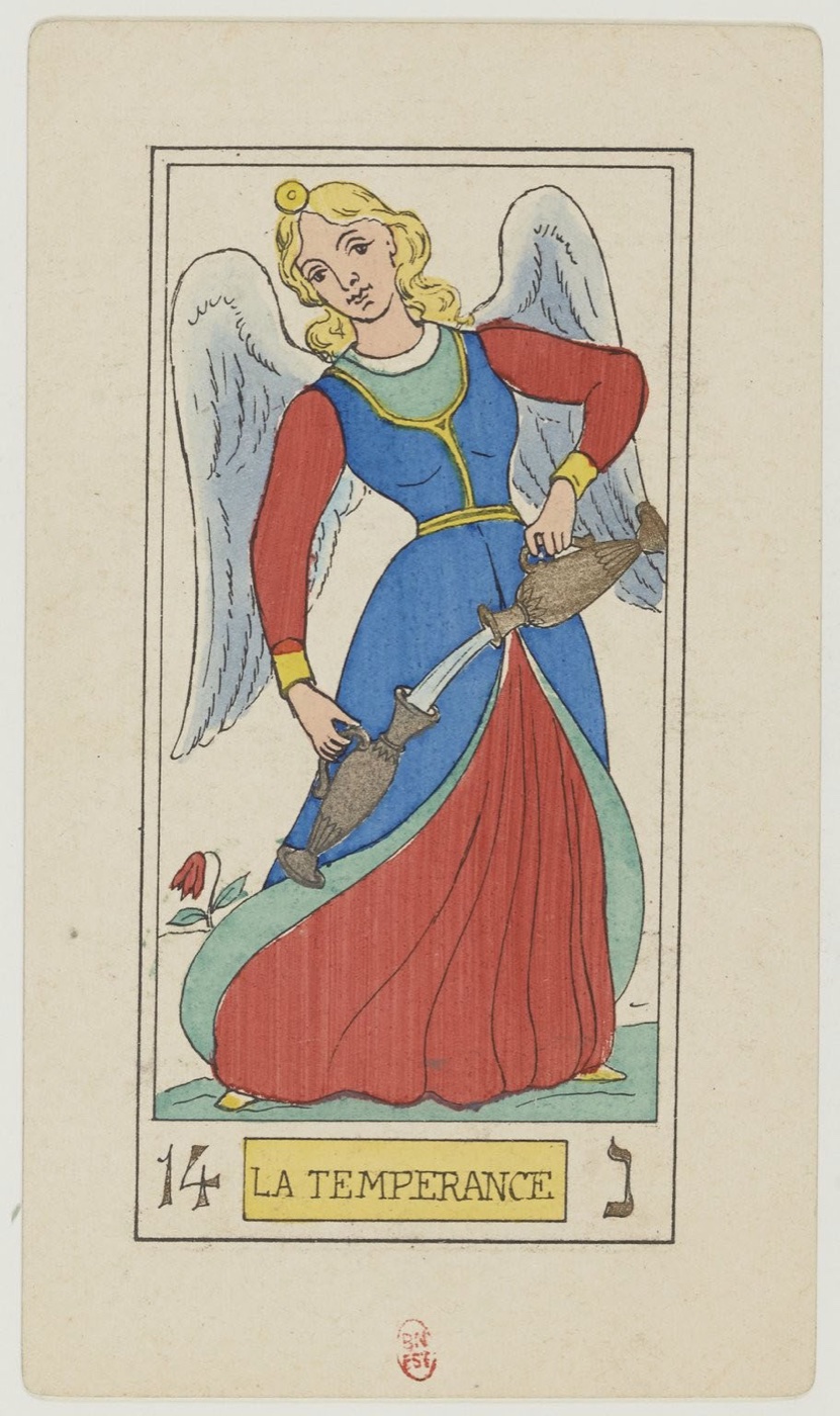 Temperance in Oswald Wirth’s original 1889 Major Arcana: two vessels or sources exchanging flow, one foot in each domain or equivalent, measured transformation, path toward illumination